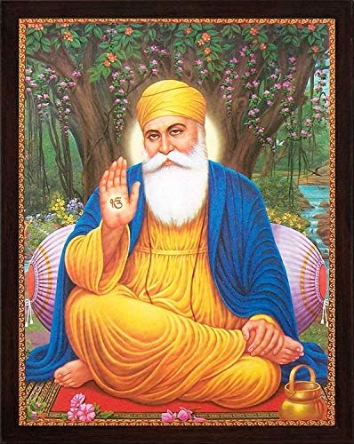 Handichraftstore Guru Nanak Dev Ji што седи под дрво и дава благослови со симбол Екумарк во рака, постер за религиозно сликарство