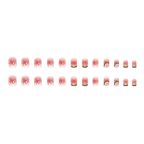 24 ПАРЧИЊА Лето Притиснете На Ноктите Кратки Лажни Нокти Лимон Стап На Ноктите Акрилни Квадратни Лажни Нокти Прав Руменило Дизајн Вештачки