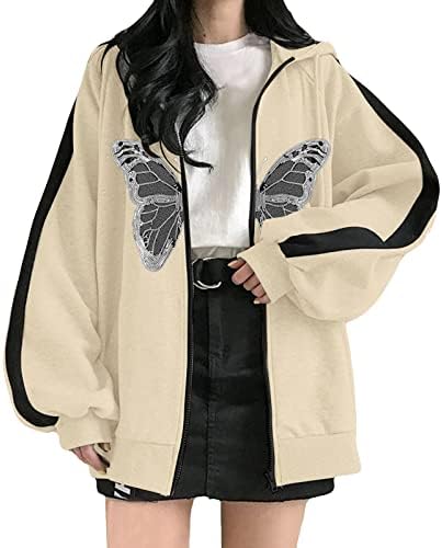 Oversенски Y2K преголем качулка со качулка со пеперутка, патент, панк -маичка со долги ракави, естетска обична улична облека