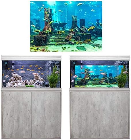 Постер за аквариум Глоглоу, подводен градски урнатини налепница во позадина задебелување ПВЦ лепило статичко залепување позадината на рибата