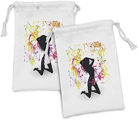 Lунарлива гранџ ткаенина торбичка сет од 2, силуета на жена во поза на бојата распрснато забавен уметнички принт во позадина, мала торба за влечење за маски и фавори?