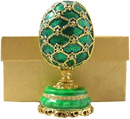 Емерал зелен фажерски стил Руско јајце со мини цветна корпа статуетка емајл со елементи на Сваровски елементи кристали кутии за накит со пилули