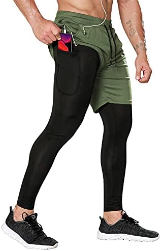 Панталони за компресија на OEBLD мажи 2 во 1 панталони за панталони за тренингот за мажите салата хулахопки со јамка за пешкир
