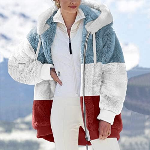 Женска руно јакна палто Шерпа есен зимски бучен нејасен блок во боја надвор од облеката со качулка со качулка, обичен трендовски кардиган