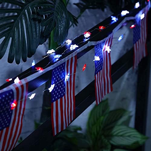OVS4U 2 Пакет 19,7 стапки 4 -ти јули Американски знамиња на знамето, светла, декор на декор за независност, starвездени светла, батерија и USB