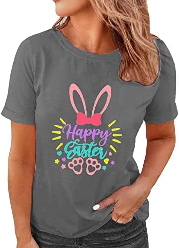 Среќна велигденска маица женски плус големина кошула смешна буква печатена маици со тркалезен врат со кратки ракави графички маички