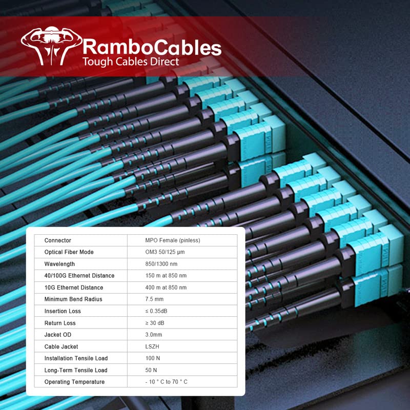 Rambocables 49.2ft/15M MPO до MPO кабел за оптички влакна, 12 влакна OM3 мулти-режим тип Б, QSFP+ & QSFP28 Транспортер, компатибилен