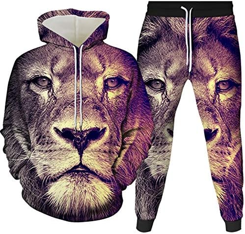 Yjqwddd 3D Lion Digital Print Hoodie Sportswear Панталони одговараат на мажите и жените со качулка со две парчиња костум