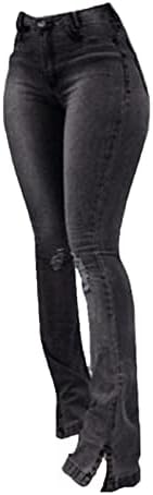 Слаби искинати фармерки на дното на bellвончето за жени Ретро Сплит полите широки панталони со нозе средно издигнување опремени потресени панталони од џан