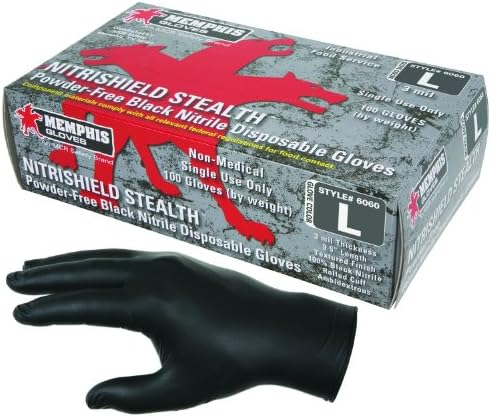 Безбедност на MCR 6060L Nitrishield Стелт Индустриска оценка Лесна/Висока умешност нитрил во прав бесплатно за еднократна употреба на ракавици со валани манжетни, црна, гол?