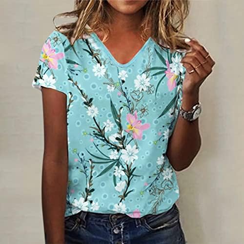 Женски летни врвови пролетни модни кратки ракави против маички со вратот, цветни бохо, симпатични маички трендовски маички простор