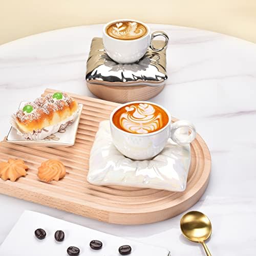Керамички чаша за керамички кафе и сет за чинија, капучино еспресо Демитасе кригла со креативна симпатична чинија за перници, 6,5oz совршен за млечен чај лате овес