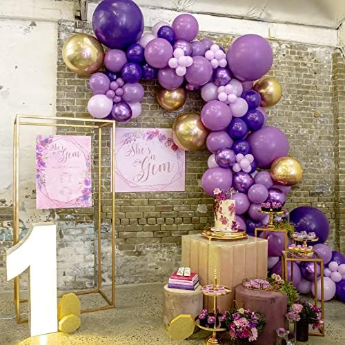 PartyWoo 140 парчиња црна и виолетова балон Гарланд, виолетова балони, црни балони, метални златни балони и мермерни балони за украси за роденден, украси за туш за бебиња,