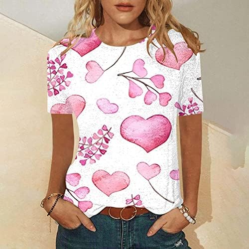 Валентин кошули за жени со кратки ракави екипаж симпатична маичка печати летни празници врвови на кошула за печатење на срце