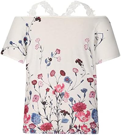 Женска чипка ладна рамо маица лето цветно печатење туника врвот секси секси vneck кошули со краток ракав, случајна основна блуза