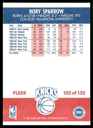 1987-88 Флеер #102 Рори Спароу Newујорк Никс НБА кошаркарска трговска картичка
