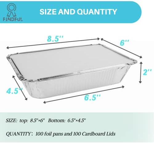 100 пакувања со алуминиумска фолија за фолија за еднократна употреба - 8,5 × 6 × 2 контејнери за храна со фолија со капаци - 2,25 lb