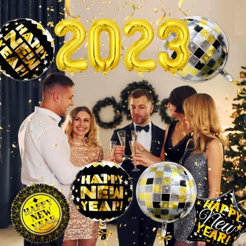 16 Парчиња Новогодишни Балони Сет Вклучува Златни Балони 2023 Среќна Нова Година Балони Диско Балони Новогодишни Балони, Златни Црни