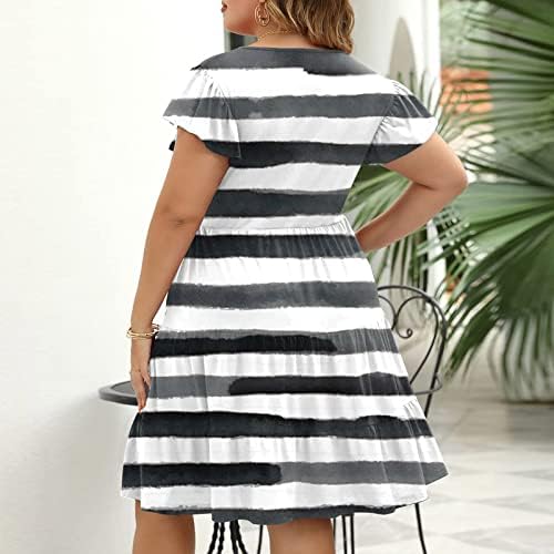 ADSSDQ летни фустани за жени 2023 година со голема големина женски здолниште на плажа Обичен V-врат за моден печатење на летање лабав фустан
