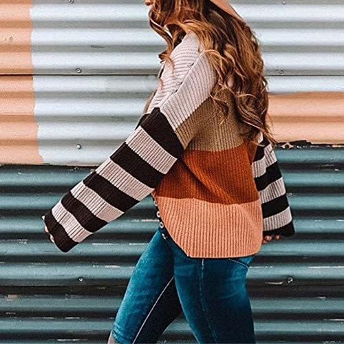 Women'sенски плетен пуловер за шиење врвови паѓаат лабава лесна лежечка долга ракав, тркалезен врат, боја на вратот, преголема облека