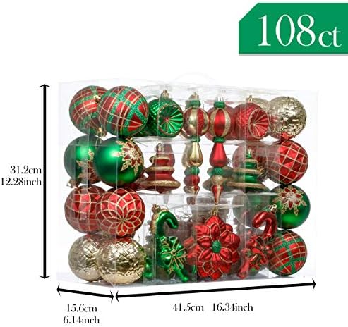 Valery Madelyn 108CT Традиционална црвена зелена златна Божиќна топка украси декор, распрскувани украси за новогодишни украси за елки за Божиќна декорација