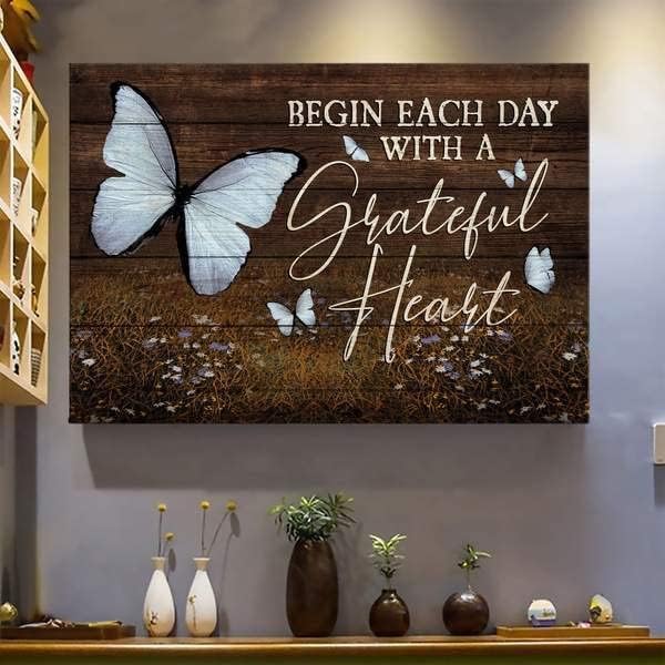 Пеперутка, започнете секој ден со благодарно срце, платно за пејзаж на Исус, постер за украси за домови во wallидна уметност
