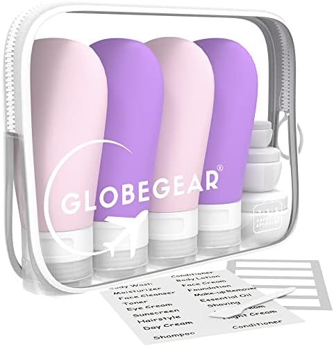 Globegear Силиконски шишиња за патувања за контејнери за тоалети и одобрена торба за тоалети за патувања за авиони, најважни додатоци за крстарење, мора да има