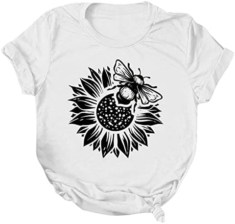 Дами летни врвови на сончоглед графички маици со краток ракав, обични лабави пчели фестивал печатени пуловерски маички