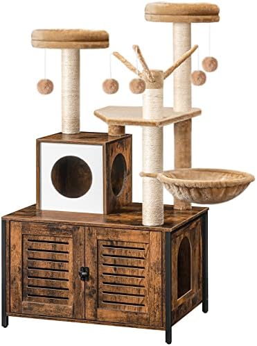 Хубро мачка дрво мачка кула со гребење на места, мебел за куќиште за ѓубре за затворени мачки, се-во-едно дрвена мачка куќа кондо со
