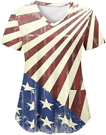 4 јули Блуза Со Американско Знаме За Жени Летна Маица Со Кратки Ракави Против Вратот со 2 Џебови Блузи Празнична Секојдневна Работна Облека