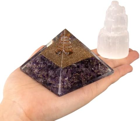 Посакувајте добро оргон пирамида аметист кристал со селенит кула - оргон генератор кристал пирамида за медитација, јога, чистење на просторот,
