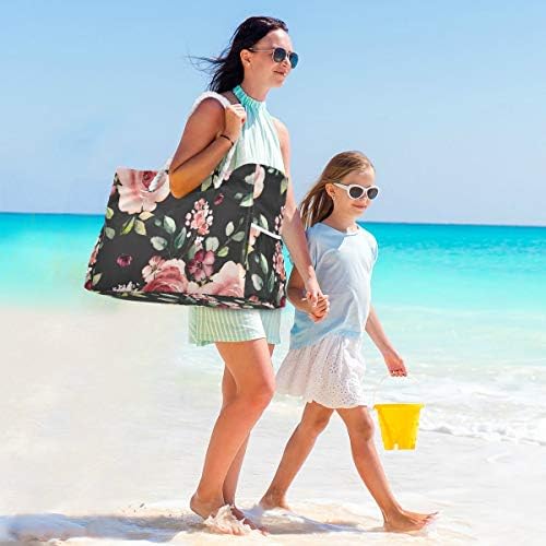 Торба со плажа Алаза, розови цвеќиња цветни црни рамо на плажа со рачки со памучни јаже