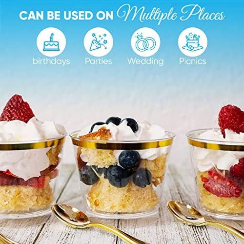 Херкап Пластични Чаши За Десерти Со Златни Рамки-Вклучува Капаци за Куполи &Засилувач; Златни Мини Лажици-Чаши За Десерти со Лажици