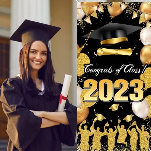 2023 Декорации За Дипломирање Честитки Класа На 2023 Капак На Вратата За Дипломирање - Црно И Златно Банер За Дипломирање Позадина Трем На Влезната
