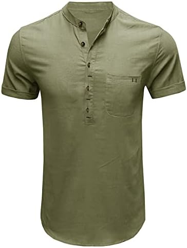 Менс летен краток ракав Хенли кошули Обичен памучен постелнина маица лесен штанд со јака копче V вратот врвови