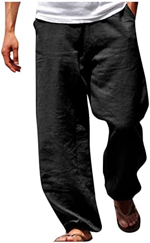 Машки обични памучни постелнини панталони за влечење еластична половината права плажа лабава јога панталони со џебови