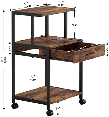 Табела за штанд на печатачот Awpfy, тркалачка количка со фиока и 3 полици за складирање на ниво, поднесување кабинет за домашна канцеларија, гроздобер кафеава