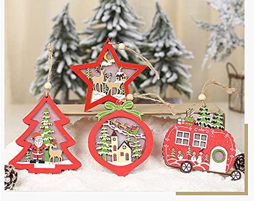 LED светло Божиќни украси за украси приврзоци што висат шупливи дрвја од дрво, пет-поени starвездени украси за Божиќна забава
