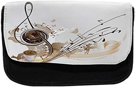 Необичен случај со молив за кафе, музички белешки кафе грав, торба со молив со ткаенини со двоен патент, 8,5 x 5,5, какао кафеав кокос