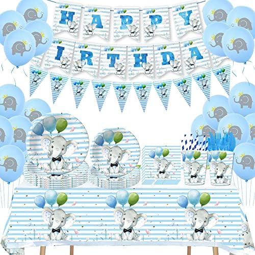 134 ПАРЧИЊА Материјали За Роденден На Син Слон Декорација На Забава Садови За Бебиња Шоу На 1 Роденден Крштевање Производи Од Хартија Садови