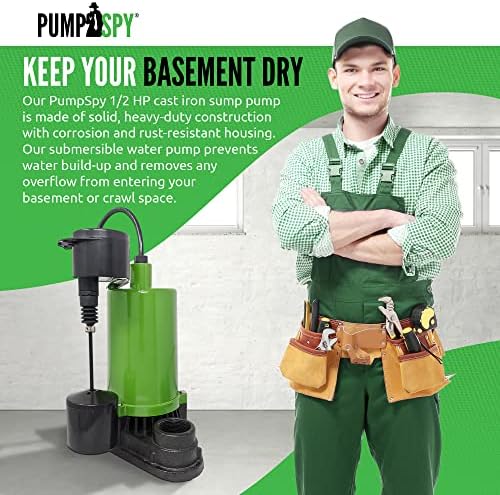 Pumpspy Sump Pump 1/2 HP - Потоплива пумпа, отстранување на вода за подрум, комплет за пумпа за лази, ласти, силно вшмукување на 4320 gph, 10 лифт, 7 засилувач мотор со куќиште отпорен