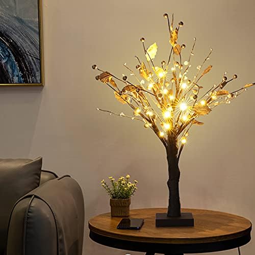 Светла од дрвја, испреплетени со златни овошје за домашни забави, свадбени и празнични украси, 24 топли бели LED светла високи 1,8 стапки високи