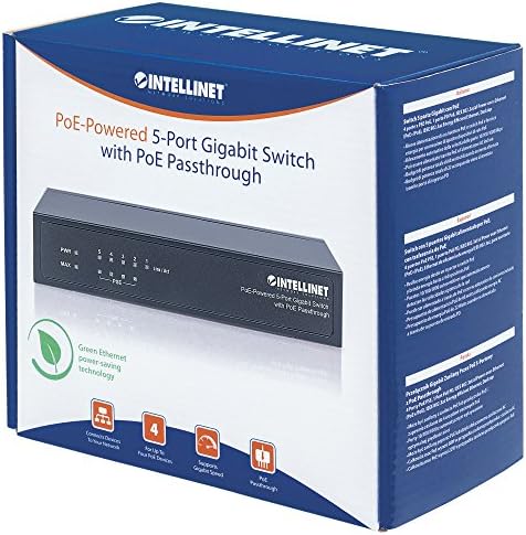 IntelliNet 5 -Port PoE Passthrough Gigabit Ethernet Switch - со влез од 1 x Gigabit POE, излез од 4 x Gigabit PO, 68W буџет за напојување