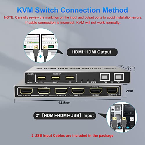 Двоен Монитор КВМ Прекинувач HDMI 2 Порта 4k@60Hz, HDMI Kvm Прекинувач 2 Компјутери Сподели 2 Монитори Дисплеј и 3 Тастатура/Глувчето/Печатач,