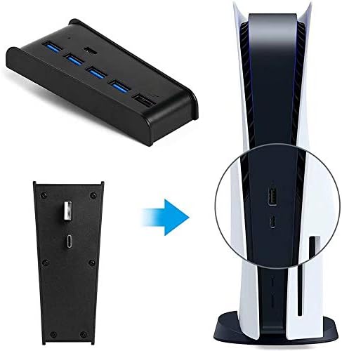 5 ПОРТ USB Центар ЗА PS5, Адаптер За Разделување На Полнач Со Голема Брзина Megadream Со 4 USB + 1 USB Порта За Полнење + 1 Тип C Порта, Компатибилен