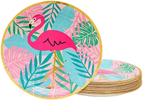 48 Спакувајте Тропски Чинии Со Златна Фолија За Хавајски Луау, Розова Фламинго Роденденски Материјали
