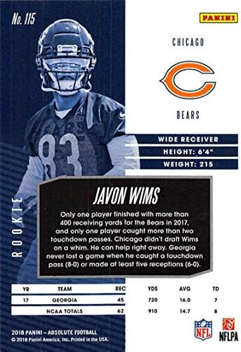 2018 Апсолутен фудбал #115 Javon Wims Rookie RC RC Dookie Chicago Bears Официјална трговска картичка во НФЛ направена од Панини