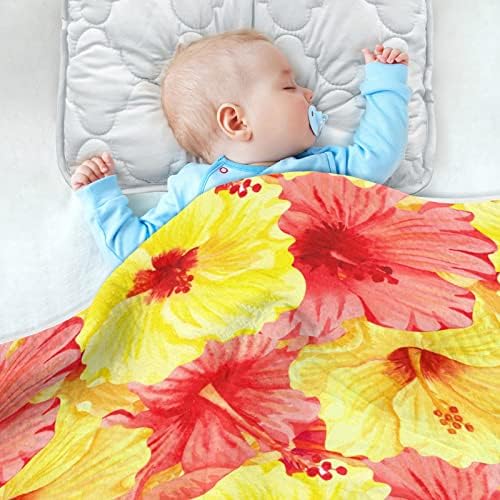Swaddle Clabte големо жолто црвено хибискус памучно ќебе за новороденчиња, примање ќебе, лесен меко висино ќебе за креветчето, шетач, расадник ќебиња, цветни, 30х40 во