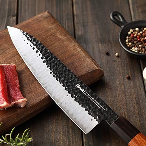 Нож на готвачот Гјуто, 8 инчи јапонски нож за готвачи 3 слоја 9CR18MOV облечен од челик јапонски кујнски нож, легура челик суши