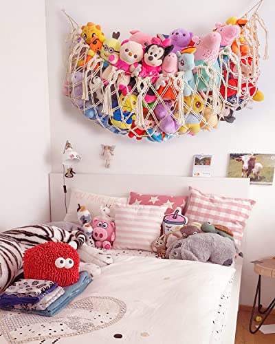 Голема полнета животинска мрежа или хамак -gallид монтирана со Handmade MacRame Toy Hammock Organizer Pulled Animal Display Plush играчки држач Boho Decor за расадник Игротека спална соба Детска соба ?